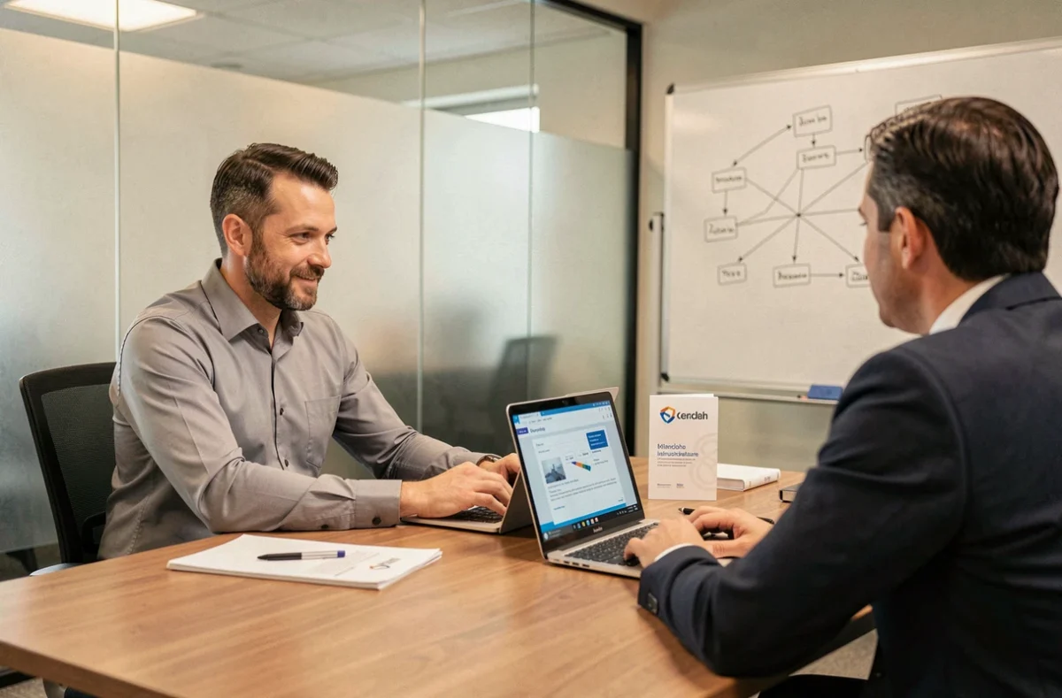Consultant d'Adventi Informatique présentant une solution informatique à un client en salle de réunion
