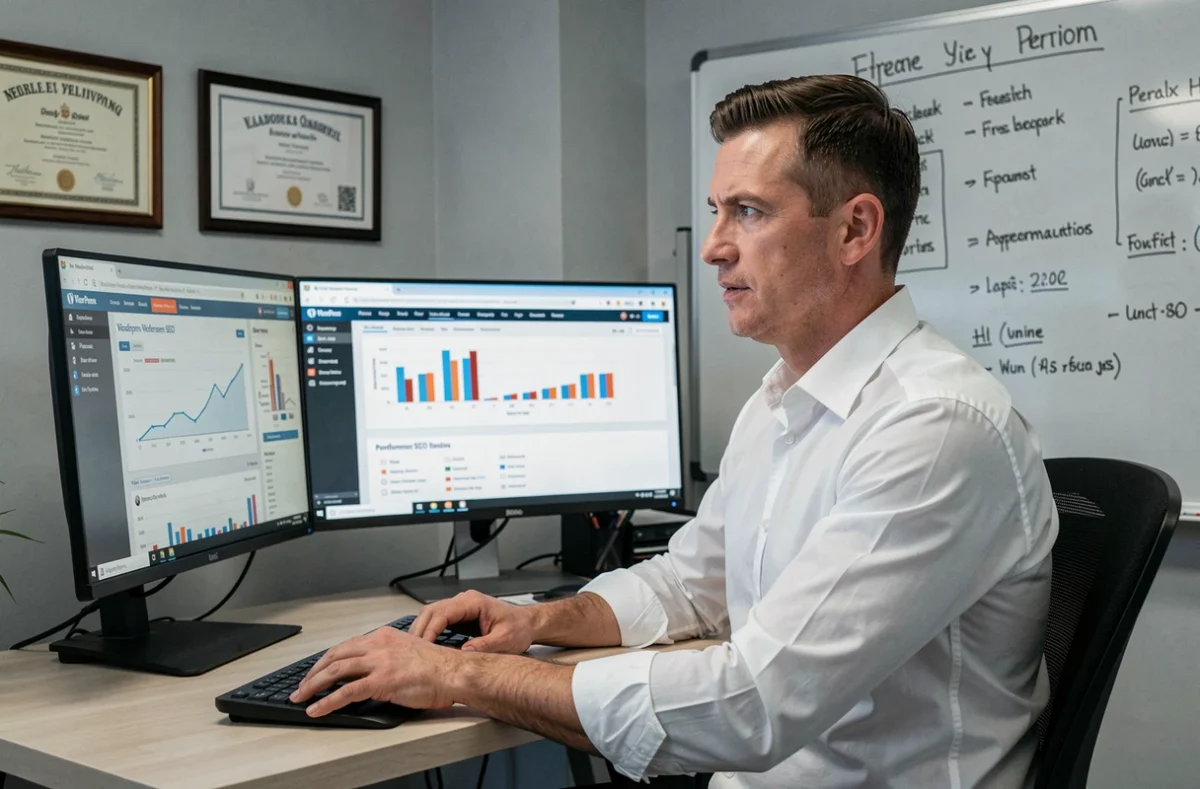 Consultant d'ABCM Performances analysant des rapports SEO et de performance WordPress sur des écrans doubles
