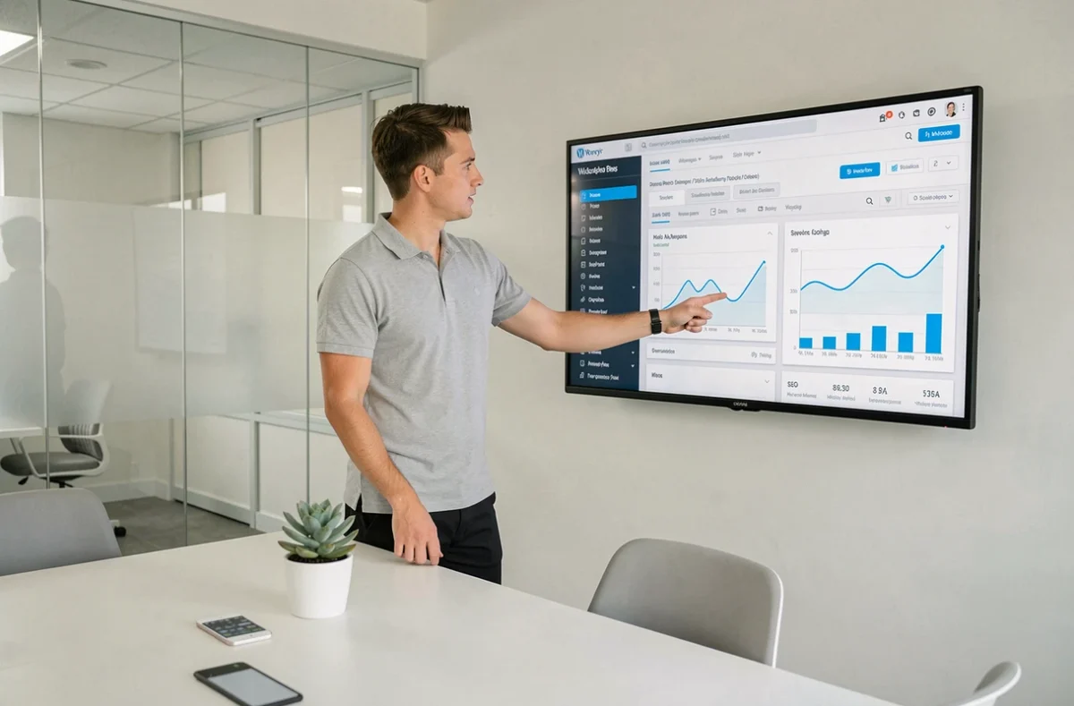 Consultant de Beease Digital présentant une stratégie WordPress et marketing digital dans une salle de réunion moderne