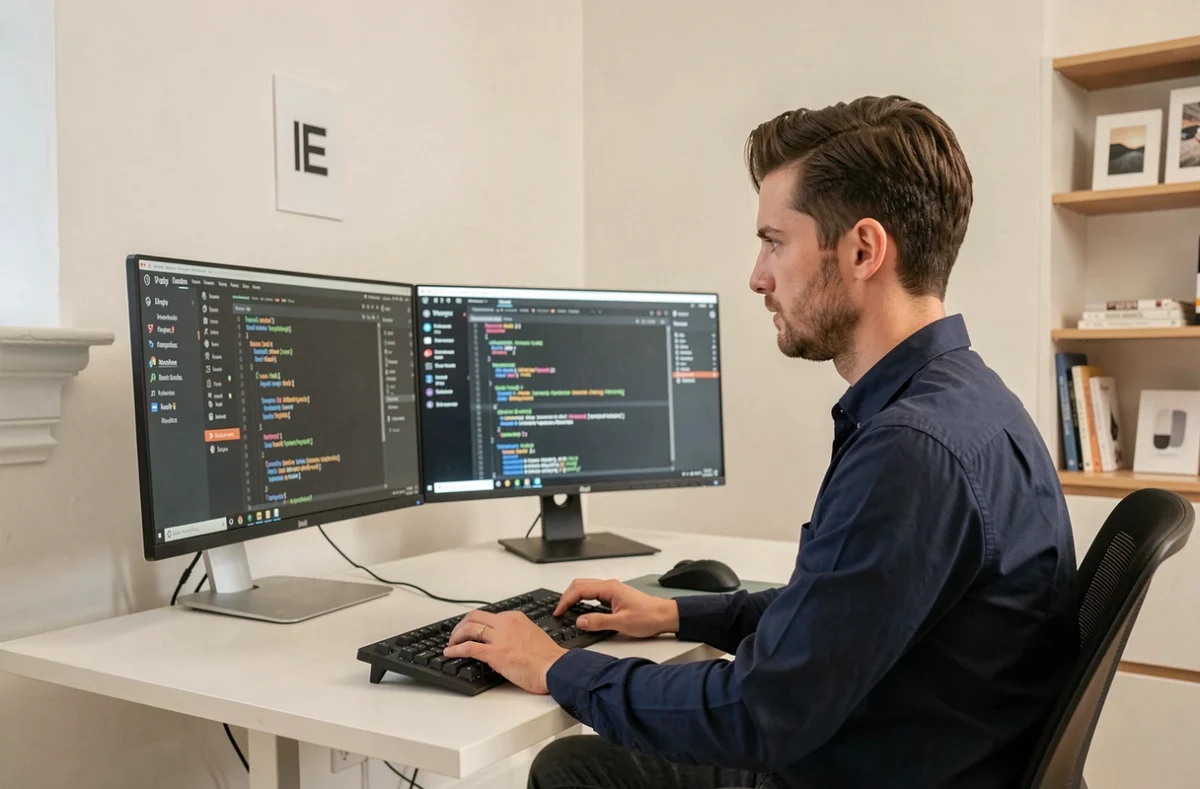 Développeur web de l'agence Esilab travaillant sur un projet WordPress dans un studio moderne et minimaliste