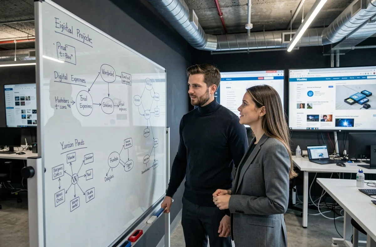 Équipe d'IMPREX Digital Lab collaborant sur l'architecture d'un projet WordPress dans un laboratoire digital moderne