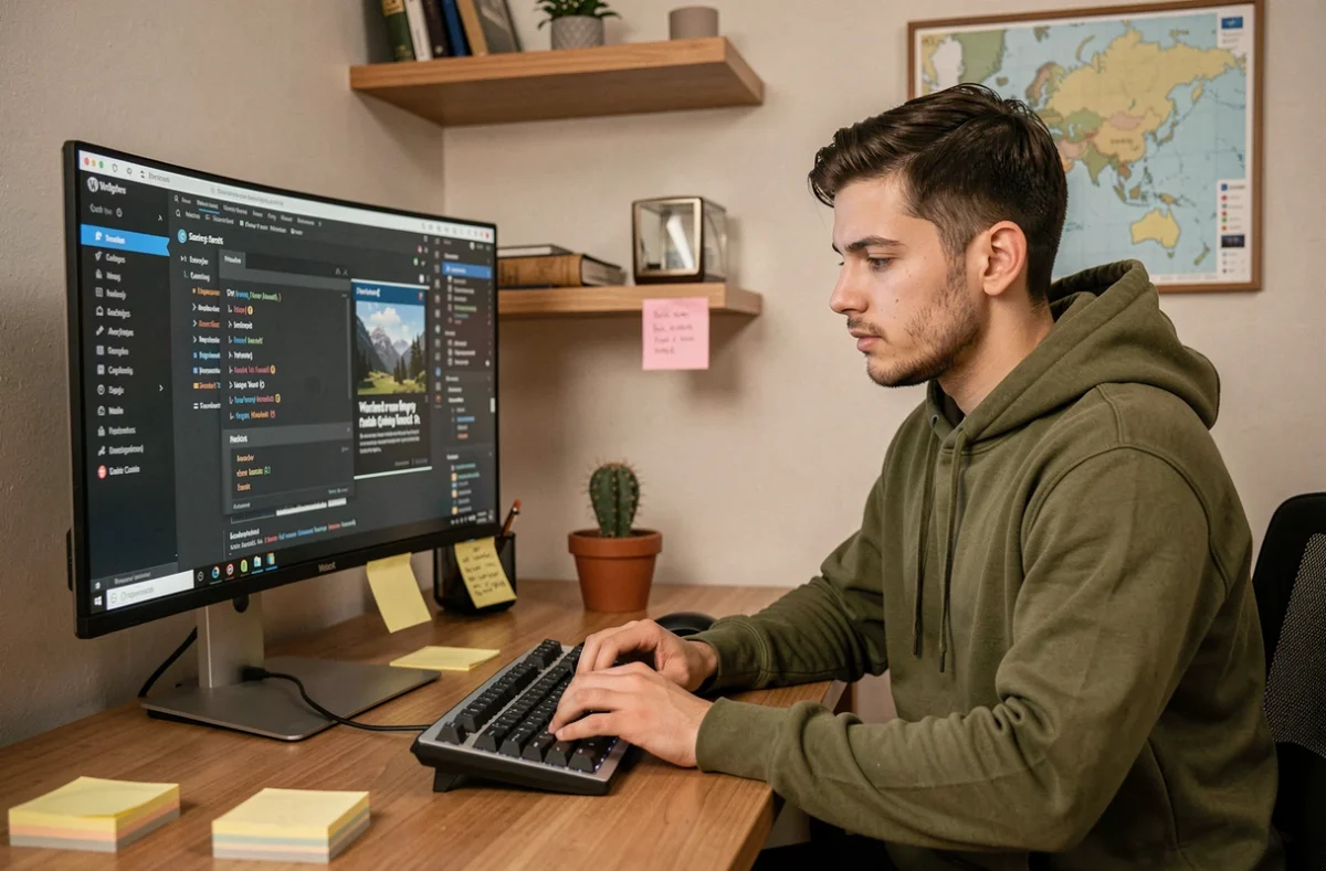 Développeur indépendant Jeremy Billey personnalisant un thème WordPress dans son studio de travail personnel
