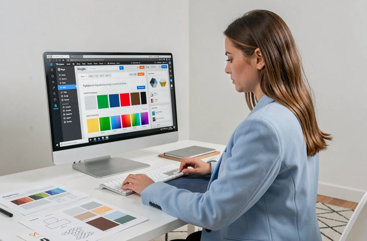 Designer de Li Je révisant des choix typographiques et de palette de couleurs sur un projet WordPress dans un studio épuré