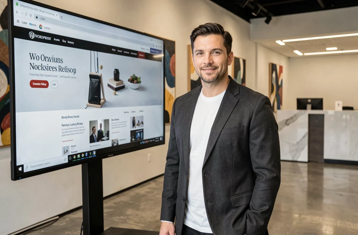Directeur créatif de My Client is Rich présentant un projet WordPress haut de gamme dans un studio d'agence sophistiqué