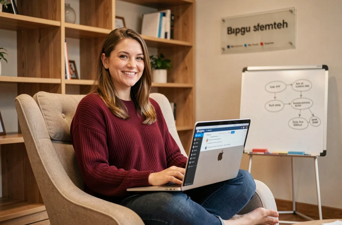 Stratège web de Wiwacom travaillant sur une interface WordPress dans un espace de travail collaboratif et chaleureux