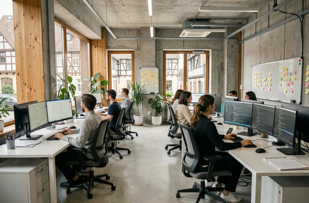 Vue d'ensemble d'une agence de développement web moderne dans le Haut-Rhin avec des professionnels travaillant sur des projets numériques