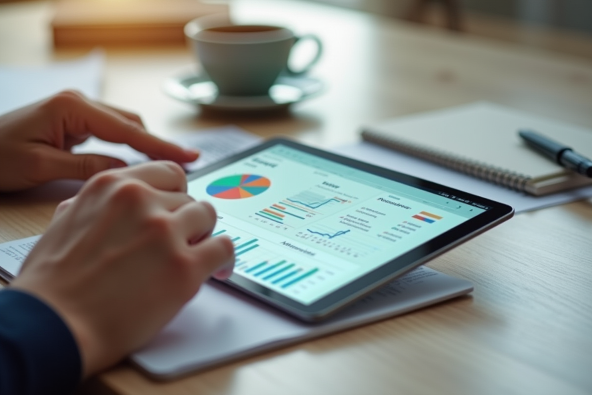 Gros plan sur mains utilisant une tablette avec analytics CRM
