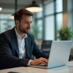 Homme analysant des graphiques digitaux au bureau