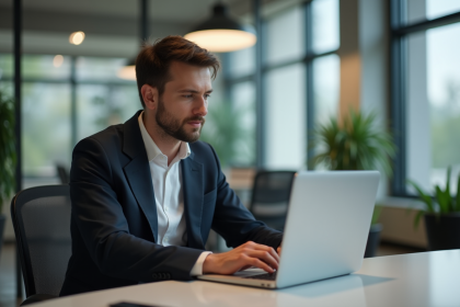 Homme analysant des graphiques digitaux au bureau