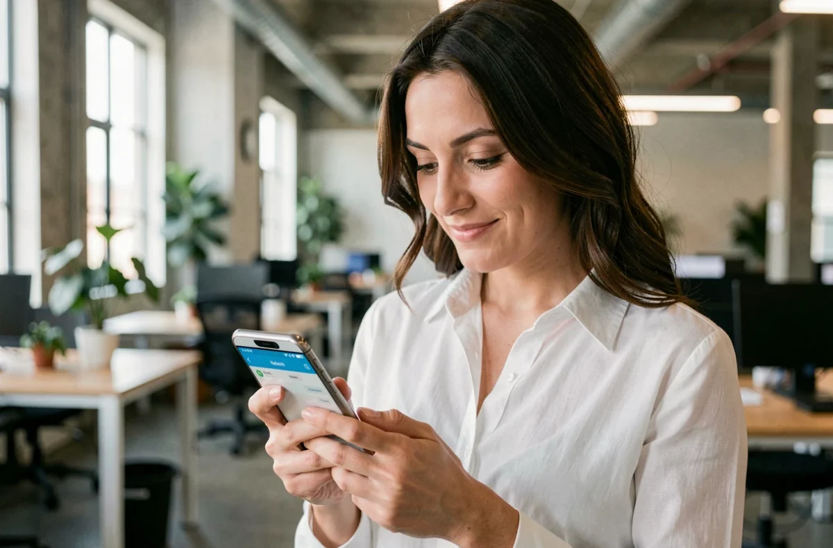 Femme consultant l'historique du presse-papier Android dans un espace de coworking moderne
