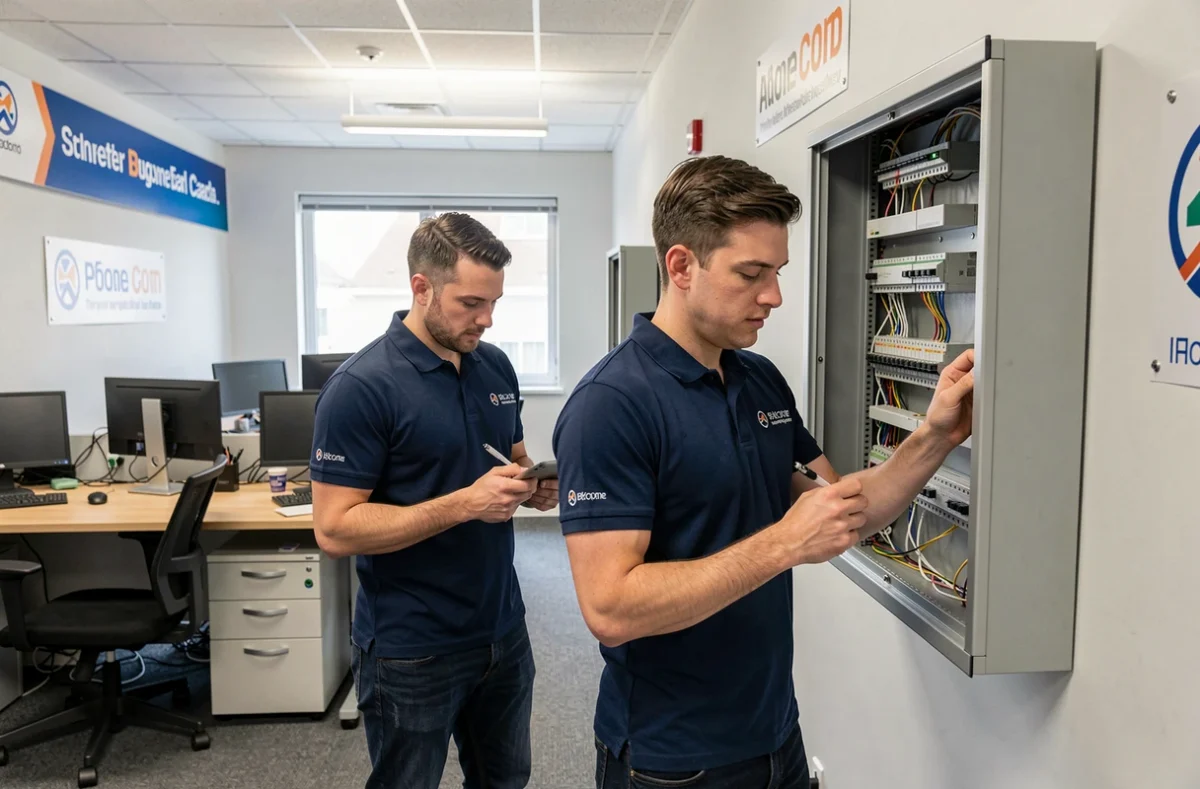 Techniciens d'APS Solutions Informatiques réalisant un audit réseau dans les locaux d'une PME