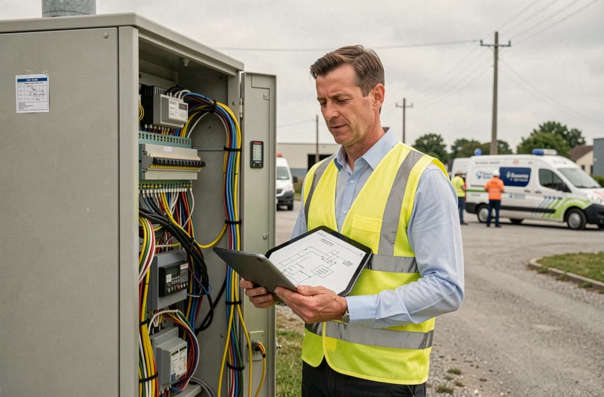 Ingénieur Axians VINCI Energies câblant une armoire de télécommunications en zone industrielle