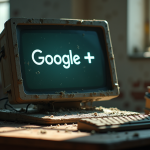 Bureau abandonné avec écran affichant le logo Google Plus