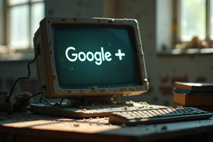 Bureau abandonné avec écran affichant le logo Google Plus