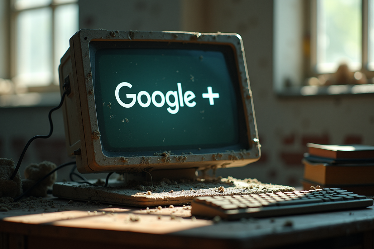 Bureau abandonné avec écran affichant le logo Google Plus