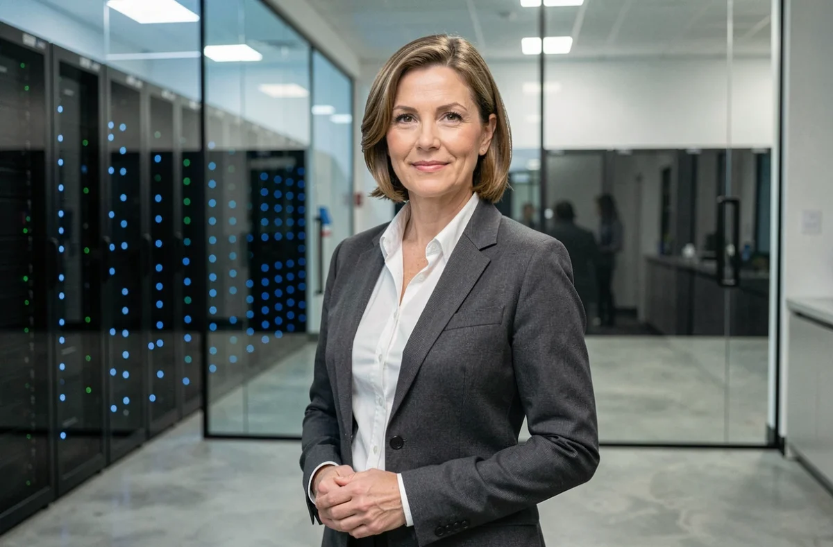 Consultante senior Cheops Technology France devant une salle de serveurs professionnelle