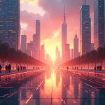 Ciel de ville futuriste au lever du soleil avec flux de données