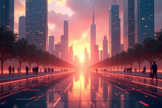 Ciel de ville futuriste au lever du soleil avec flux de données