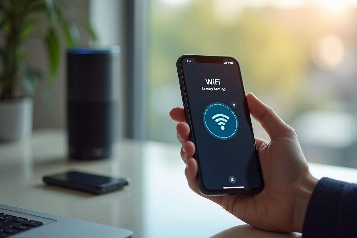 Main tenant un smartphone avec réglages wifi près d