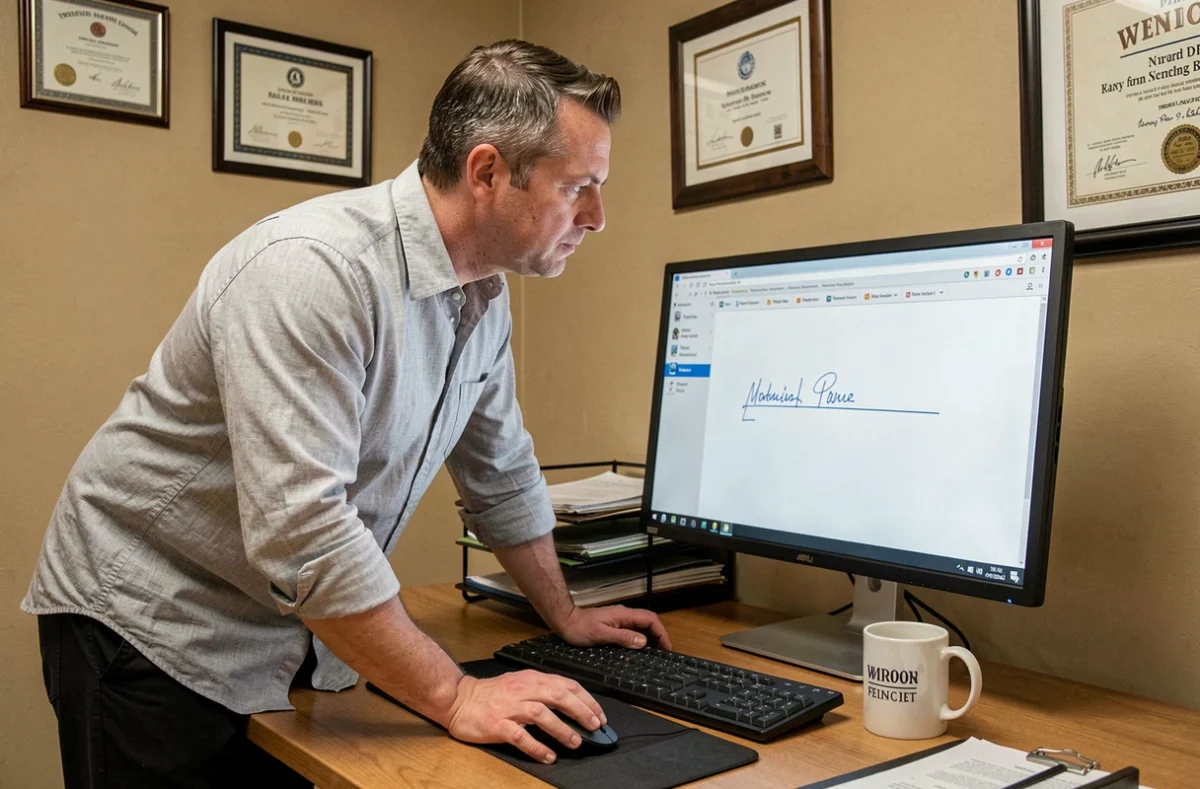 Homme consultant sa signature email professionnelle sur un écran d'ordinateur dans un bureau de Créteil