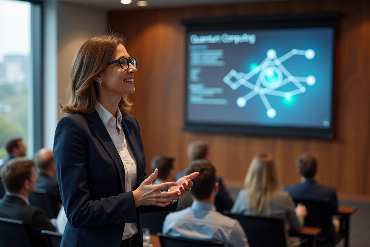 Femme présentant un schéma de quantum computing en conférence