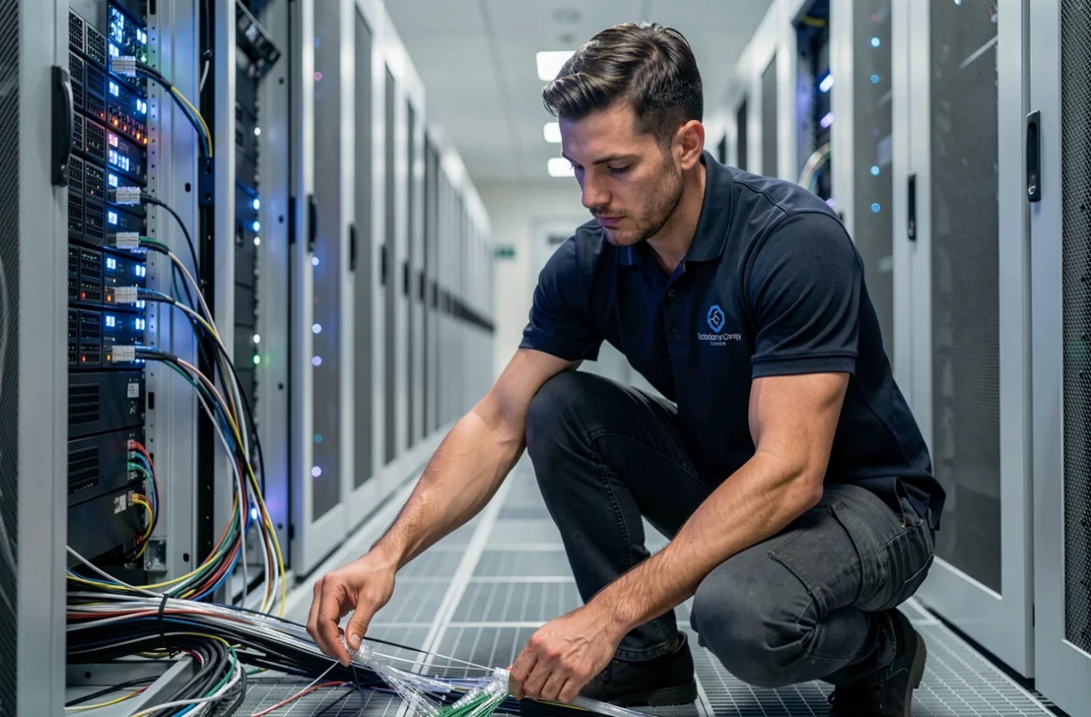 Ingénieur réseau de DELTA TECHNOLOGIES câblant un rack serveur dans un datacenter professionnel