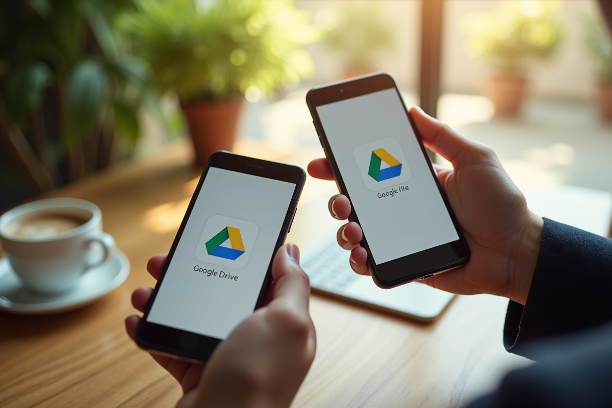 Deux mains tenant des téléphones avec l application Google Drive