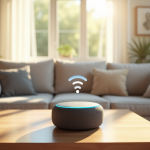 Enceinte Alexa moderne sur une table en bois dans un salon lumineux