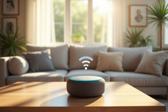 Enceinte Alexa moderne sur une table en bois dans un salon lumineux