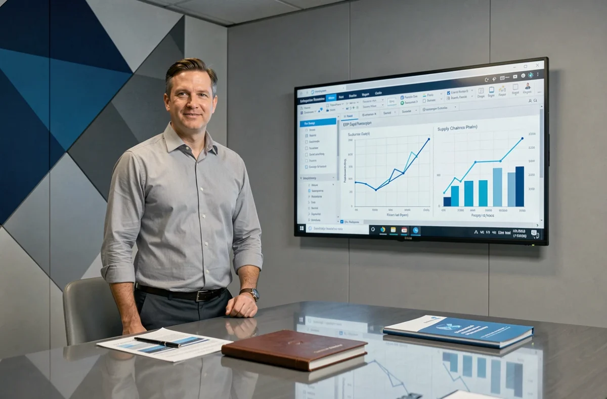 Consultant ERP d'ePROMIS présentant une interface de gestion d'entreprise sur un écran interactif dans une salle de démonstration professionnelle