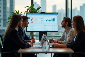 Groupe de professionnels collaborant autour d'un tableau digital