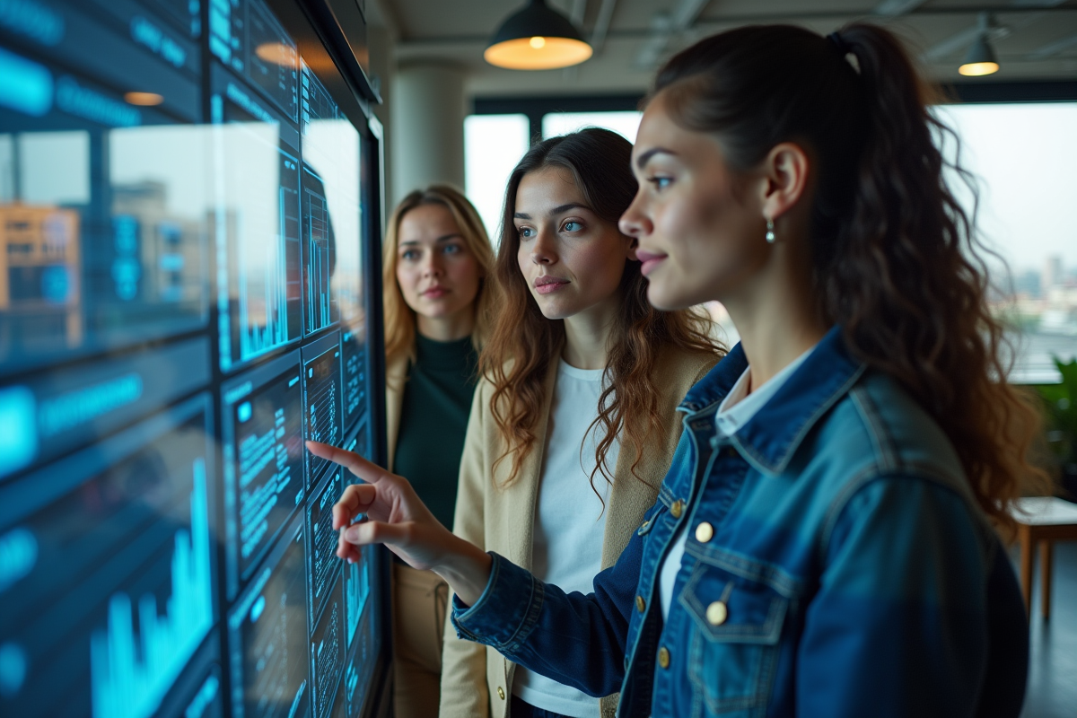 Equipe diverse collaborant autour d un tableau de bord numérique