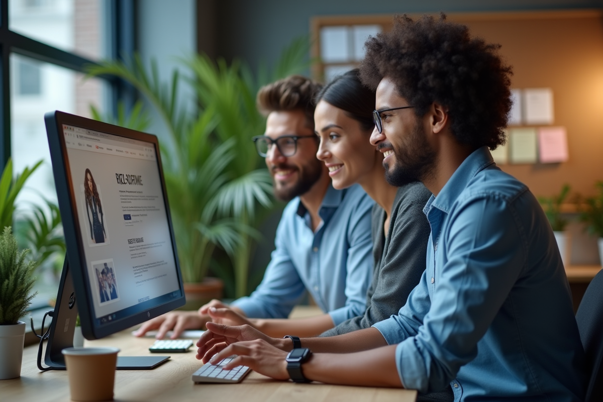 Trois professionnels analysant un site web sur un grand écran