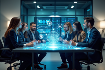 Groupe d'ingénieurs IT autour d'une table avec hologrammes 5G