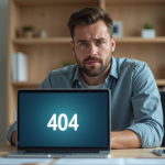 Homme concentré devant un écran 404 dans un bureau moderne