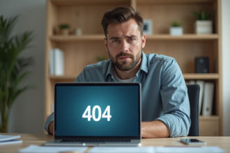 Homme concentré devant un écran 404 dans un bureau moderne