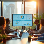 Espace de travail moderne avec équipe diverse discutant CRM