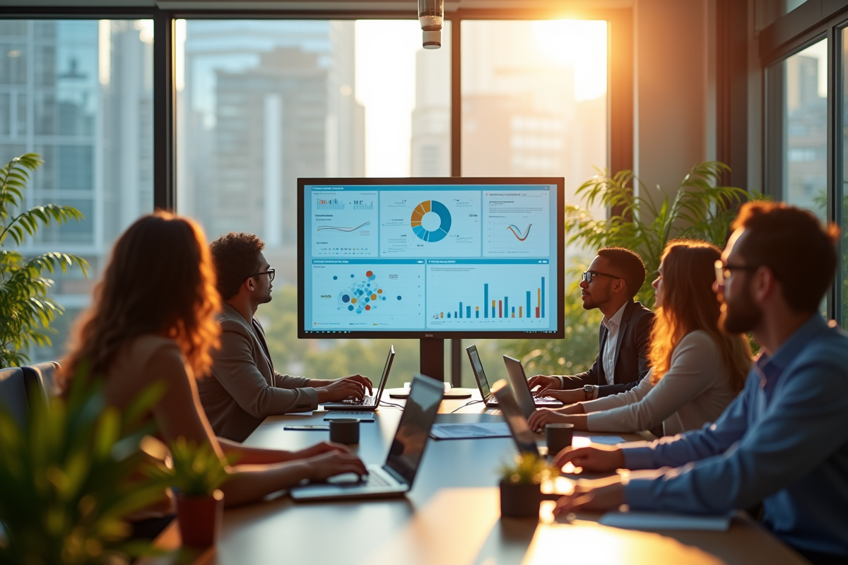 Espace de travail moderne avec équipe diverse discutant CRM