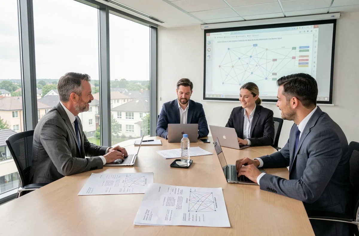 Équipe de consultants Européenne de Communication et de Service en réunion stratégique
