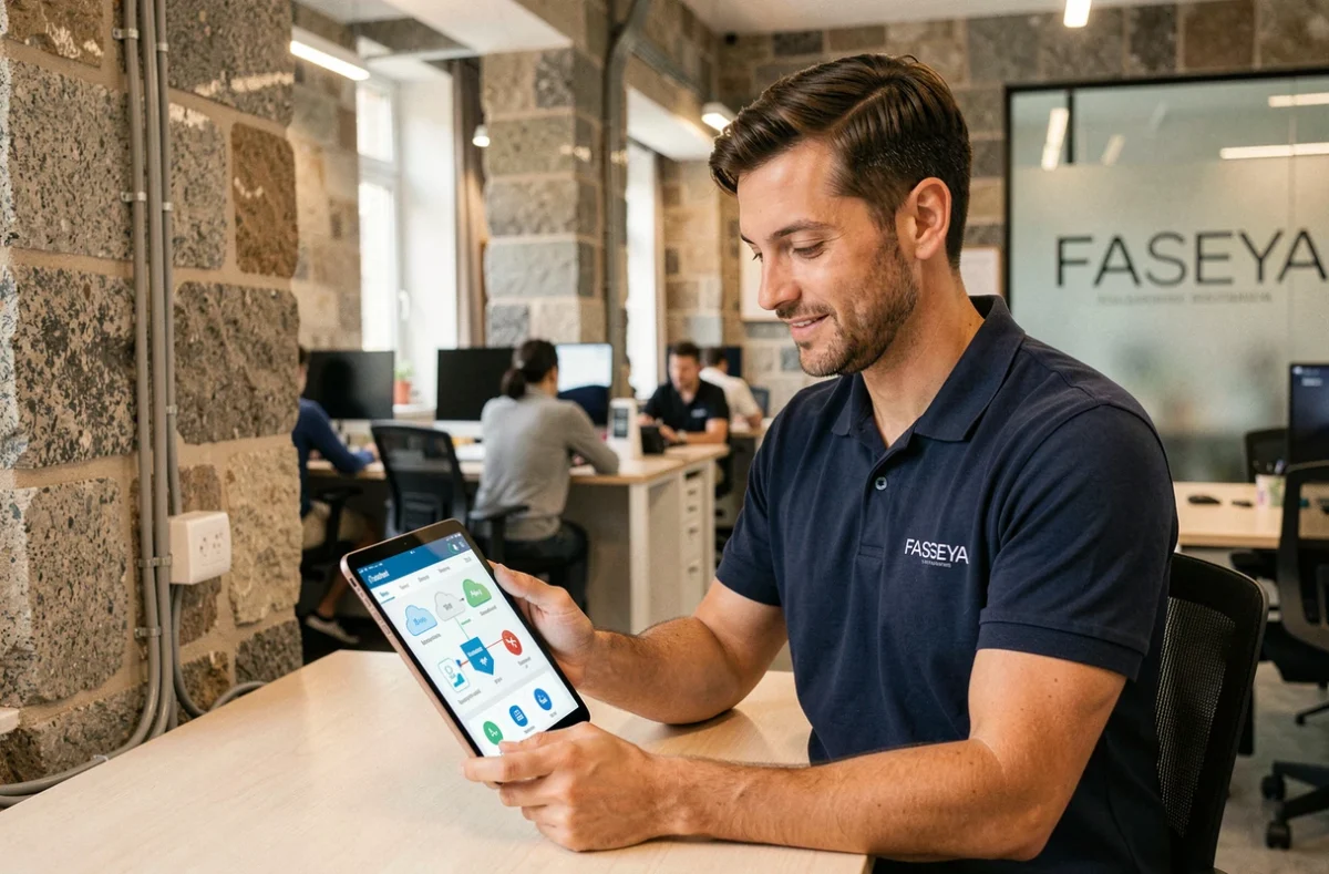 Consultant IT de FASEYA travaillant sur des tableaux de bord cloud dans un bureau moderne breton