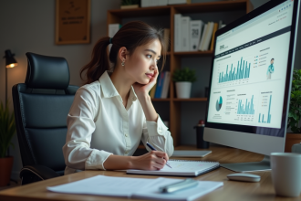 Femme concentrée analysant des données web sur un ordinateur