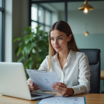 Jeune femme professionnelle analysant des données SEO au bureau