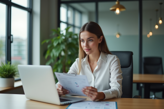 Jeune femme professionnelle analysant des données SEO au bureau