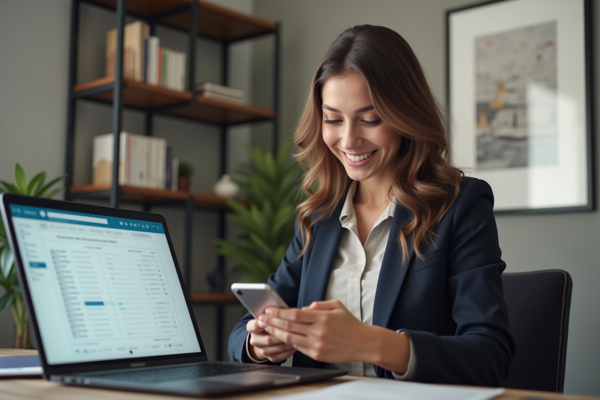 Jeune femme vérifiant ses emails dans un bureau moderne