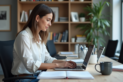 Femme travaillant sur un ordinateur avec Access bilingue dans un bureau organisé
