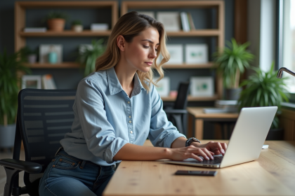 Femme au bureau utilisant un outil d'accessibilite