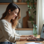 Femme souriante travaillant sur un ordinateur dans sa cuisine