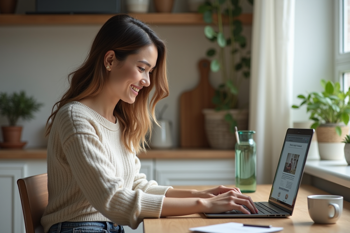 Femme souriante travaillant sur un ordinateur dans sa cuisine