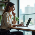 Femme concentrée travaillant sur un ultrabook dans un bureau lumineux