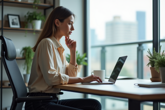Femme concentrée travaillant sur un ultrabook dans un bureau lumineux